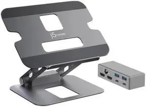 j5create Laptop Stand with USB C Dual HDMI Display Hub - 2 USB A 5Gbps, PD 100W with USB-C 5Gbps, Ethernet | Aluminum Computer Riser for MacBook and Windows Notebook (JTS427)