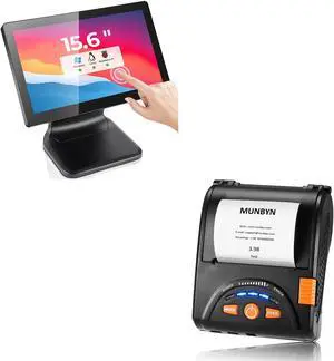 MUNBYN 15.6" POS-Touch-Screen-Monitor, LED Multi-Touch Monitor, HDMI/VGA, POS Display Capacitive Screen True Flat Seamless and Bluetooth Receipt Printer, 58mm Mini Wireless POS Receipt Printer