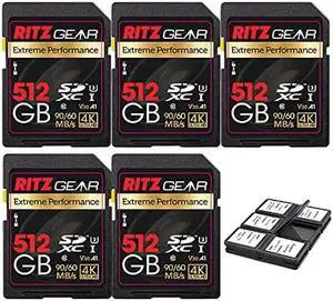 RITZ GEAR Extreme Performance High Speed UHS-I SDXC 512GB 90/60 MB/S U3 A1 C10 V30 Memory Card (5 Units) Designed for SD Devices That can Capture Full HD, 3D, and 4K Video as Well as raw Photography