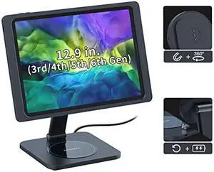 EMONITA Magnetic Stand with Charging Case for iPad Pro 12.9 Inch 3rd / 4th / 5th / 6th Gen. 18W USB C Fast Charging Cable Included, Foldable L Shape, Strong Magnets, 360 Rotation, 90 Tilt