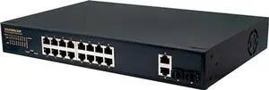 Seco-Larm NS-516UT-GAQ Enforcer 16-Port Unmanaged PoE Switch; Plug-and-Play Installation; Supports up to 10/100/1000B-T; IEEE 802.3X Flow Control; 100/240 VAC; 16 Downlink, 2 uplink, 2 SFP Ports