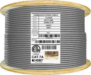 Elite CAT7A Shielded Riser (CMR), Ethernet Cable 1000ft Reel, Shielded Foil Twisted Pair (S/FTP) 23AWG, Solid Pure Bare Copper, 1000MHz, UL Certified, Easy Pull, Bulk Networking Cable - Grey