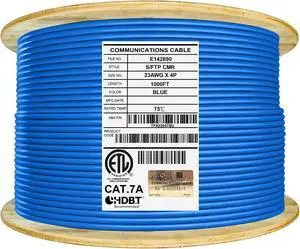 Elite CAT7A Shielded Riser (CMR), Ethernet Cable 1000ft Reel, Shielded Foil Twisted Pair (S/FTP) 23AWG, Solid Pure Bare Copper, 1000MHz, UL Certified, Easy Pull, Bulk Networking Cable - Blue