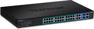 TRENDnet 28-Port Web Smart PoE+ Switch, 24 x Gigabit PoE+ Ports, 4 x Shared Gigabit Ports (RJ-45 or SFP), VLAN, QoS, LACP, IPv6 Support, 370W PoE Power Budget, Lifetime Protection, TPE-5028WS