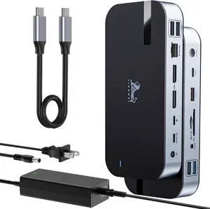 USB C Dock Triple Monitor with Dual DisplayPort 3X 4K@60Hz, Docking Station with USB C Port to Monitor 5K@60Hz/4K@120Hz, 10Gbps USB, SD/Micro SD 4.0, RJ45, 150W Power Charger