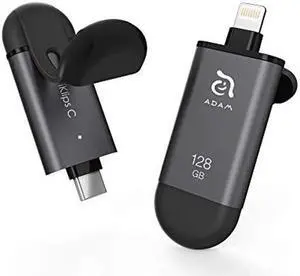 ADAM elements iKlips C MFi Certified Lightning + USB C Flash Drive for iPhone, iPad Pro, Mac, PC, Android - Touch ID/Face ID Secured (Black, 128GB)