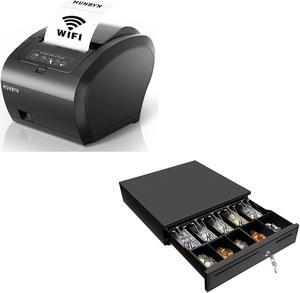 MUNBYN WiFi Receipt Printer with USB Port, 80mm POS Printer and Black Cash Register Drawer, 16" Wide Cash Drawer with Removable Coin Tray