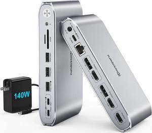 Minisopuru Upgrade DisplayLink Docking Station Triple Monitor with 140W Power Adapter, USB C Dock for MacBook/Windows/Thunderbolt 4/3 (3XHDMI,2XDisplayPort, 2X10Gbps & Charging USB C,3X USB A,SD/TF)