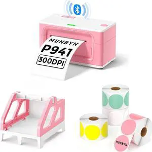MUNBYN 2 Inch Color Circle Thermal Sticker Label,MUNBYN Pink Label Holder for Rolls and Fan-Fold Labels, MUNBYN Bluetooth Thermal Label Printer 941B