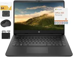 HP Newest 14" HD Ultra Light Thin Laptop, Quad-Core Intel Celeron Processor, 4GB RAM, 128GB (64GB eMMC+ 64GB Card), Wi-Fi, Upto 11 Hours, Windows 11 S + 1 Year Office 365+HubxcelAccessory, Black