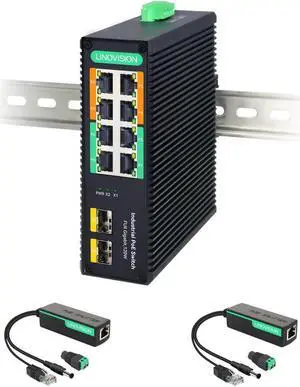 LINOVISION Industrial 8-Port Full Gigabit BT 90W POE Switch and DC12V POE Splitter