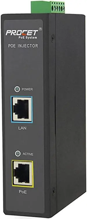 Procet Industrial Gigabit High Power Over Ethernet PoE Injector 60W 55V with Wide Temperature and 6KV Surge Protection, 12-48Vdc Input,Din Rail Installation IEEE802.3af,802.3at,PoE++, PT-PSE105GW-E