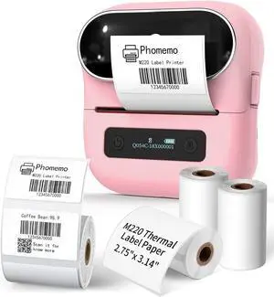 Phomemo M220 Pink Label Maker, Portable Thermal Label Printer, Perfect for Barcode, Qr Code, Retail,Small Business and More with 1 Roll 40 x 30mm and 3 Rolls 70 x 80mm Label Tapes