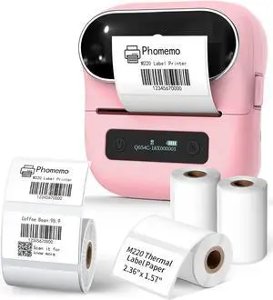 Phomemo M220 Pink Label Printer with Label Tape, Bluetooth Barcode Printer New Version with 1 Roll 40 x 30mm Tape and 3 Rolls 60 x 40mm Label Tapes for Barcode,Small Business and More