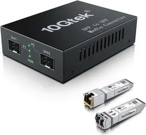 10G SFP+ Media Converter, Dual SFP+ Port, Fiber to Ethernet Converter with 10GBase-T and 10 Gigabit SFP+ LR Module, Support CAT6.a/7 and Sinle Mode LC Fiber Cable, SMF, 1310nm, up to 10km