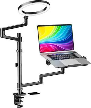 WALI Laptop Desk Mount, Laptop Stand for Desk with 10" LED Ring Light 3 Color&10Brightness, Height Adjustable Laptop and Monitor Stand for 17-32" Monitor/12-17 Laptop Home Office Online BCM001-B