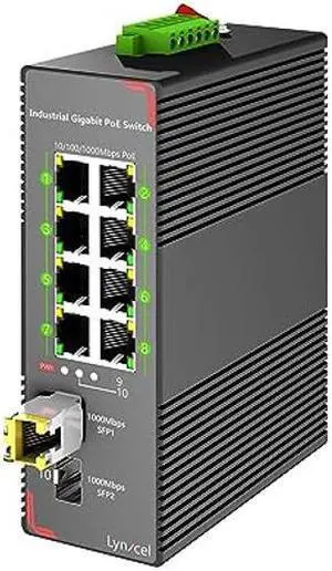 Lynxcel 10-Port Gigabit Industrial PoE Ethernet Switch, 8 x Gigabit PoE+ Ports, 96W PoE 48V Output, 2 x SFP Gigabit Slots with One 1000Base-T Module, IP40 Unmanaged Din Rail, with Power Supply
