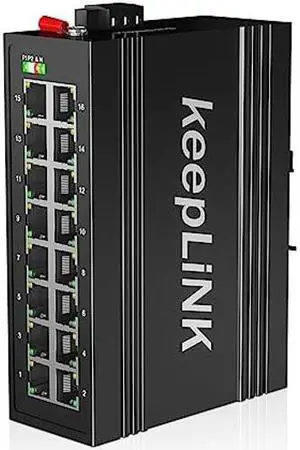 keepLiNK 16 Port Industrial Gigabit Switch, Ethernet DIN-Rail Hardened Switch Unmanaged, IP40, Operating Temperature Range of -30deg - 75degC (-22deg - 167degF)