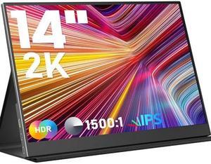 Portable Monitor 14inch 2K Laptop Monitor USB C HDMI Gaming Ultra-Slim IPS Display Smart Cover & Speakers, 2160*1440P Screen for Laptop, HDR Plug&Play, External Monitor for Laptop PC Phone Mac Xbox