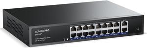 16 Port Gigabit PoE Switch,AUMOX PRO 18 Port PoE with 2 Uplink Gigabit Ports 250W,Plug and Play,Metal Case Desktop, Wall Mount or Rackmount Network Switch, 802.3af/at