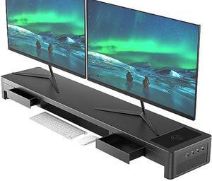 STARVIKY Dual Monitor Stand Riser with Drawers and Audio,4 USB Ports and Charging Pad, Metal Monitor Stand with Storage for 2 Monitors, Desk Monitor Stand for Office, Laptop, PC, iMac up to 32 Inches