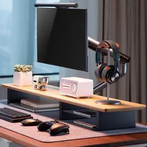 IVE Design White Oak Wood Desk Shelf for Top of Desk 44 Inch Length Wood Monitor Riser with Middle Shelf