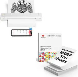 Phomemo M08F Wireless Tattoo Transfer Stencil Printer & US Letter Folding Thermal Paper Size 8.5" x 11",100 Sheets, Inkless Thermal Compact Printer, Compatible with Android and iOS Phone & Laptop