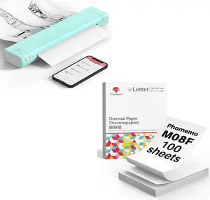 Phomemo M08F Portable Printer Green & US Letter Folding Thermal Paper Size 8.5" x 11",100 Sheets, Inkless Thermal Compact Printer, Compatible with Android and iOS Phone & Laptop