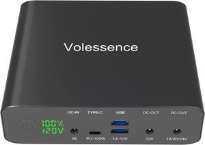 Volessence Laptop Power Bank PD 100W, 32000mAh USB C Portable Laptop Charger with 1 USB-C PD3.0 Port, 2 DC Ports, 2 USB QC3.0 Ports for USB-C Laptops, Tablets, Smartphones and Other Devices