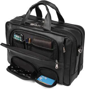 Nappa Leather Briefcase for Men Large Business Travel Messenger Tote Bag 17'' Laptop Bag with YKK Zippers (Black)
