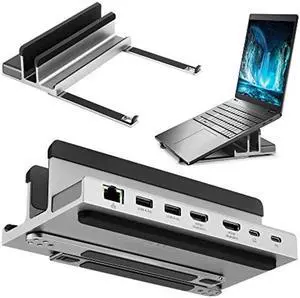AceProAV 7 Port USB-C 14" Laptop Stand with Dual Display Docking Station, Tablet Holder Hub, Vertical Storage Desk Organizer/HDMI 8K30Hz, USB-A 5Gbps, Ethernet 1Gbps, 100W Power Delivery, Space Gray