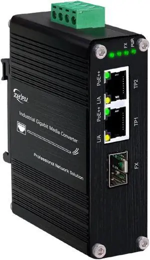Mini Industrial 2 Ports Gigabit Fiber Media Converter Supporting DIN-Rail Installation, IEEE 802.3af/at/bt 90W PoE++ Fiber to Etherner Converter with 2 RJ45 Port and 1 SFP Port, 48~57V DC Power Input