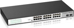 24 Port Full Gigabit PoE Switch with 2 Gigabit SFP Uplink Ports, Up to 30W Per Port, 48V Standard POE, Total Budget 300W, 803.af/at Compliant, Unmanaged Plug and Play, Rack Mount
