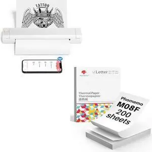Phomemo M08F Wireless Tattoo Transfer Stencil Printer & US Letter Folding Thermal Paper Size 8.5" x 11",200 Sheets, Inkless Thermal Compact Printer, Compatible with Android and iOS Phone & Laptop