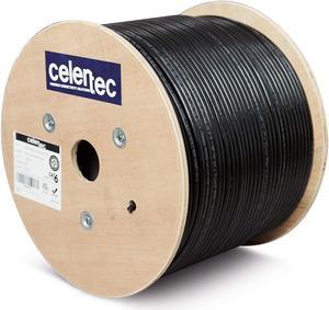 celertec CAT6 Outdoor Cable, 1000ft, 23AWG Solid Bare Copper, Unshielded Twisted Pair (UTP), UV Resistant, Weatherproof, Waterproof, CMX, ETL Listed, 550MHz, Bulk Ethernet Cable, Wooden Spool- Black