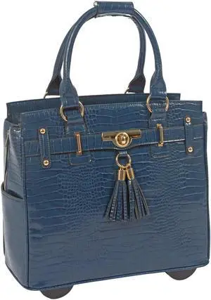 JKM & Company Rolling Laptop Bag for Women | Designer Wheeled Briefcase | Fits 13-17" Laptops | Office Travel Computer Case (Riviera (Blue))
