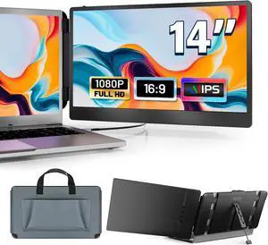 domyfan 14" Laptop Monitor Extender, FHD 1080P IPS Dual Laptop Screen Extender, HDMI/USB-A/Type-C Plug and Play for Windows, Mac, Chrome, Android, Xbox, Switch, PS5, Work with 13.3"-17" Laptops