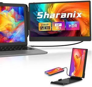 sharanix Laptop Screen Extender,14'' Dual Screen Laptop Monitor Extender,FHD 1080P IPS Portable Monitor for 13''to17'' Laptop,USB/Type-C/HDMI Ports Plug-Play,Compatible with Win/Mac/Android/Switch