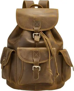 BRASS TACKS Leathercraft Backpack for Men Women Vintage Crazy Horse Full Leather Travel Daypack 15.6" Laptop Rucksack