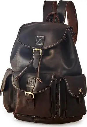 BRASS TACKS Leathercraft Backpack for Men Women Vintage Crazy Horse Full Leather Travel Daypack 15.6" Laptop Rucksack