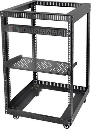 RIVECO 15U 19 Inch Open Frame Server Rack with Wheels Including 1U Rack Shelf & Power Strip Universal for 19" Network Equipment Black