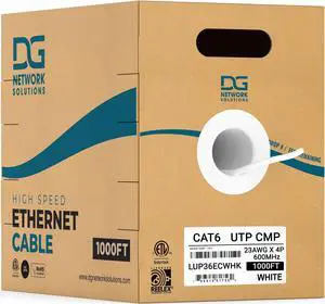 DG Cat6 Plenum (CMP), 1000ft, 600MHz, Unshielded, UTP, 23AWG, Solid Bare Copper, ETL Listed, Bulk Ethernet Cable, Easy Pull Box, Reelex Packaging, White