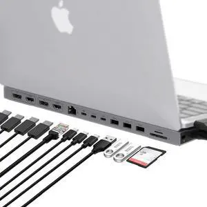 HyperDrive Multi-Display Docking Station - Form-Fitting Design for 13-14" MacBooks, Dual 4K HDMI, 2 DP, Gigabit Ethernet, 3 USB-A, USB-C PD 100W, MicroSD/SD, 2 USB C Docking Station