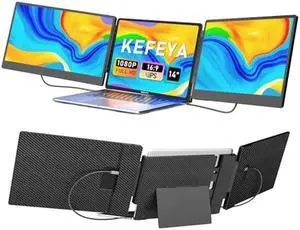 KEFEYA Laptop Screen Extender, 14" FHD 1080P IPS Triple Portable Monitor for Laptop 13-17.3" with USB-C/HDMI Port, Laptop Monitor Extender for Windows/Mac/Chrome/Surface/Switch/PS5, Plug n Play