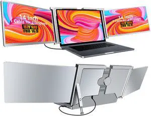 moonka Triple Portable Monitor for Laptop, 14'' FHD 1080P 16:10 USB-C Laptop Screen Extender for Windows MacOS, Plug and Play for 13-17.3'' Type-C/USB-A Laptop (One USB-C Connection)