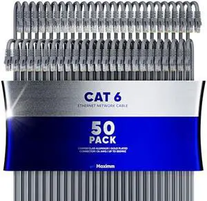 Maximm Cat 6 Ethernet Cable 3 Ft, (50-Pack) Cat6 Cable, LAN Cable, Internet Cable, Patch Cable and Network Cable - UTP (Gray) 3 Feet ethernet Cord