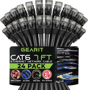 GearIT Cat 6 Ethernet Cable 7 ft (24-Pack) - Cat6 Patch Cable, Cat 6 Patch Cable, Cat6 Cable, Cat 6 Cable, Cat6 Ethernet Cable, Network Cable, Internet Cable - Black 7 Feet