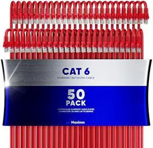 Maximm Cat 6 Ethernet Cable 4 Ft, (50-Pack) Cat6 Cable, LAN Cable, Internet Cable, Patch Cable and Network Cable - UTP (Red) 4 Feet ethernet Cord