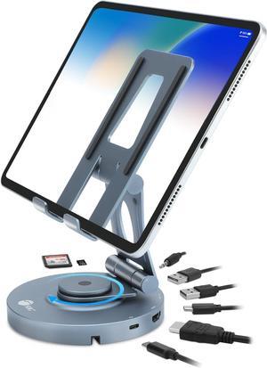 SIIG USB-C Hub Stand - iPhone 15 / iPad Mini/Tablet Stand Docking Station, Rotatable Base/Foldable Holder, 4K 60Hz HDMI, USB-A & USB-C 5Gbps, PD 88W, 3.5mm Audio/Mic, SD/TF, for iPad/Surface Pro 9