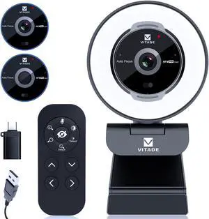 Zoomable Webcam with Remote Control, Vitade 1080P 60FPS Streaming Webcam with Ring Light and Microphone, Pro USB Webcam with 5X Digital Zoom Built in Privacy Cover for Zoom/Skype Teams/PC/Laptop/Mac